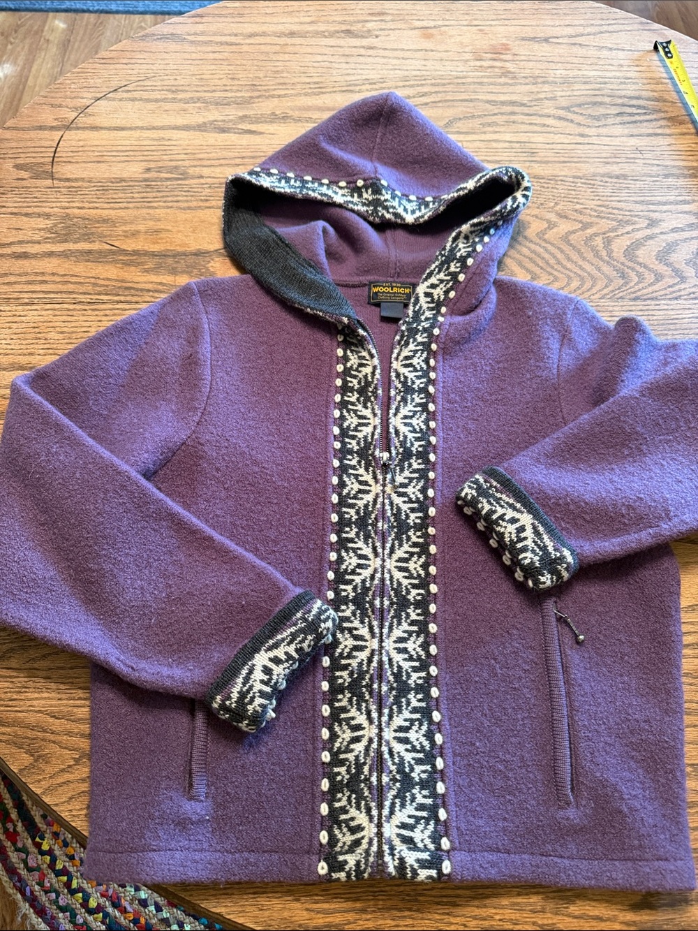 Woolrich Purple Hooded Wool Jacket with Black & White Nordic Trim
